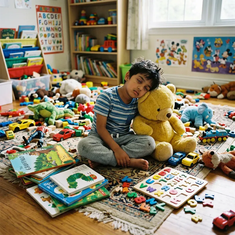 Tired Little Boy Finds Solace In His Playthings