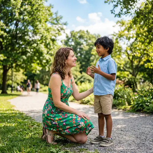 Heartfelt Conversation Between Young Boy and his Mother in Park
