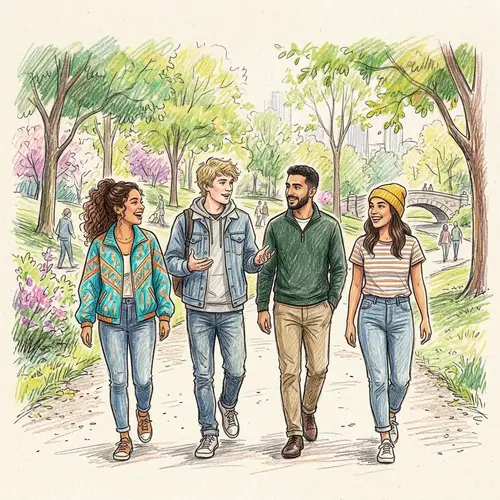 Young People Strolling Through Vibrant Park Sketch
