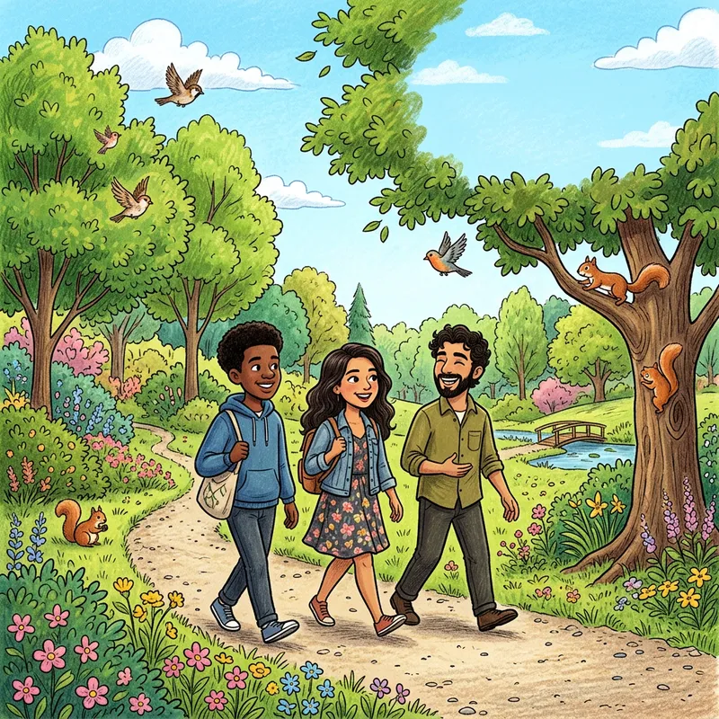 Diverse Young Group Enjoying a Walk in a Vibrant Park - Cartoon Image Diverse Young Group Enjoying a Walk in a Vibrant Park - Cartoon Image