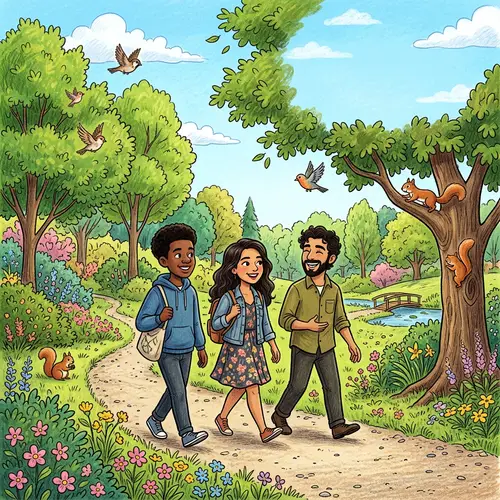 Diverse Young Group Strolling in Vibrant Park Cartoon