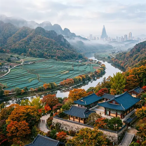 Scenic View of Serene Rivers and Forested Mountains in North Korea