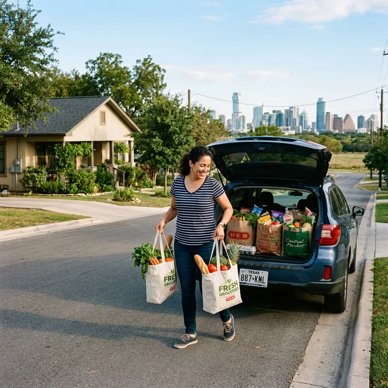 Woman Unloading Fresh Groceries at City House with Car