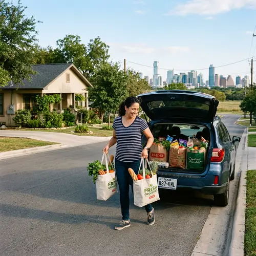 Urban House Scene with Woman Unloading Groceries | City Skyline View