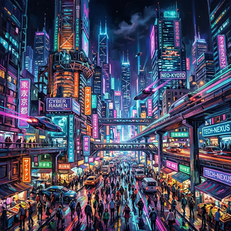 Neon Cyberpunk Orgy: Futuristic City Hustle & Bustle