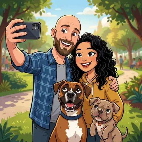 Cartoon Selfie of a Couple and Their Dogs