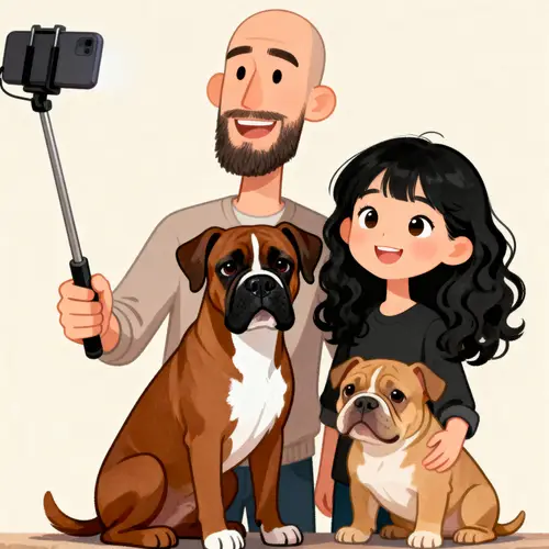 Cartoon Selfie of a Couple and Their Dogs