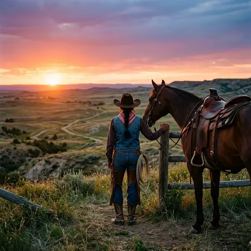 South Asian Cowgirl at Sunset | Traditional Cowboy Scene