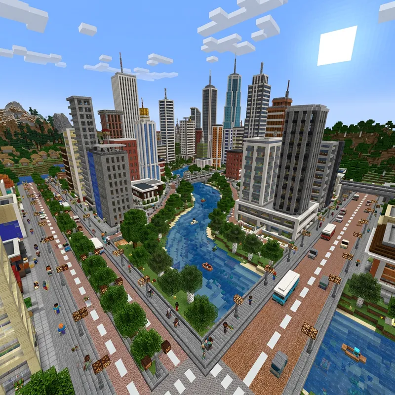 Modern Minecraft City - Pixel Art Skyscrapers & Characters