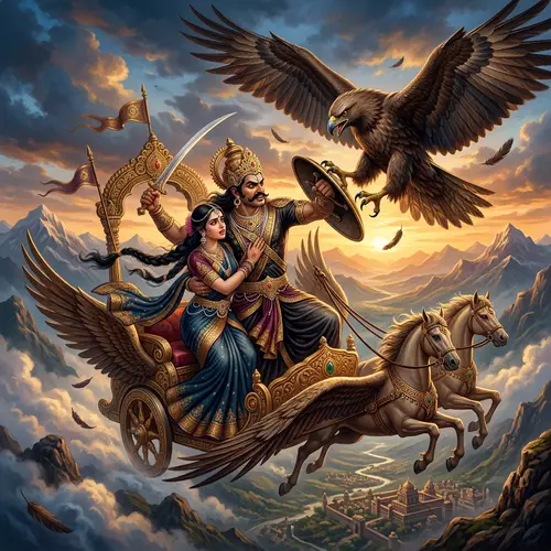 Epic Ramayana Scene: Ravan, Jatayu, and Sita