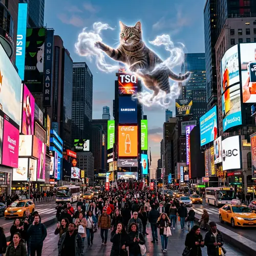 Vivid Times Square Scene with Majestic Cat Crafting Clouds