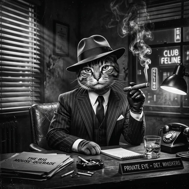 Suave Feline Noir: Vintage Crime Cat in Dapper Suit & Shadows
