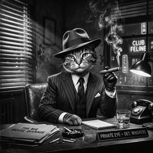 Stylish Feline Noir: Vintage Crime Cat in Suit & Shadows