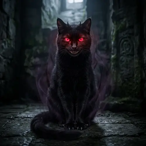 Sinister Demon Cat with Glowing Red Eyes and Sharp Teeth