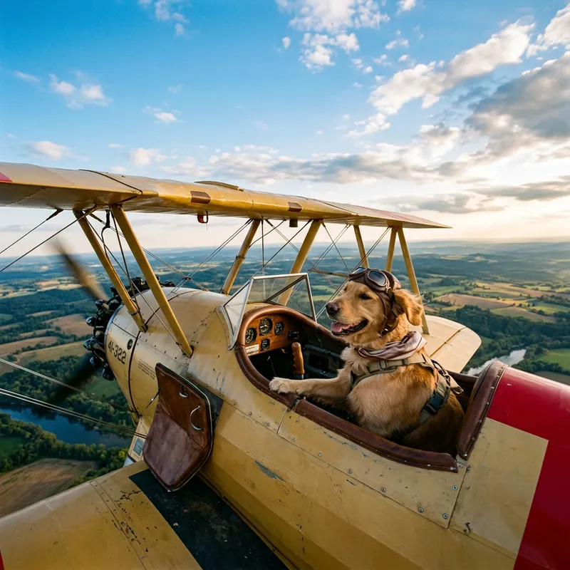 Dog Flying in Open Cockpit Airplane