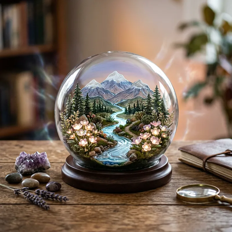 Enchanting Glass Artwork with Miniature Mountain Scene Enchanting Glass Artwork with Miniature Mountain Scene