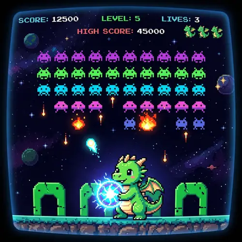Friendly Dragon vs. Pixelated Alien Invasion | Classic Video Game twist