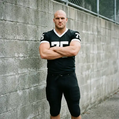 Bald Muscular Man in Black Football Jersey