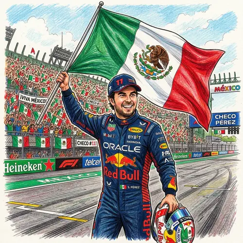 Checo Perez Drawing with Mexican Flag