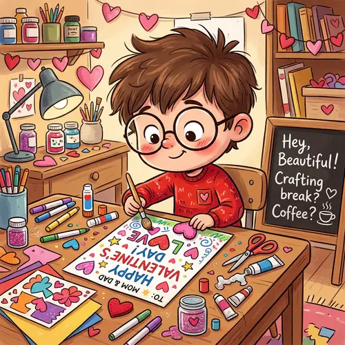 Cartoon Boy Crafting Valentine's Artwork - Cheeky Coffee Message