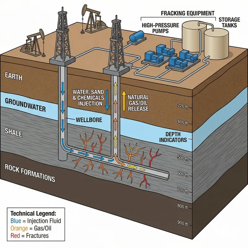 Fracking Diagram: Earth Layers, Drilling Rigs & Hydraulic Fracturing