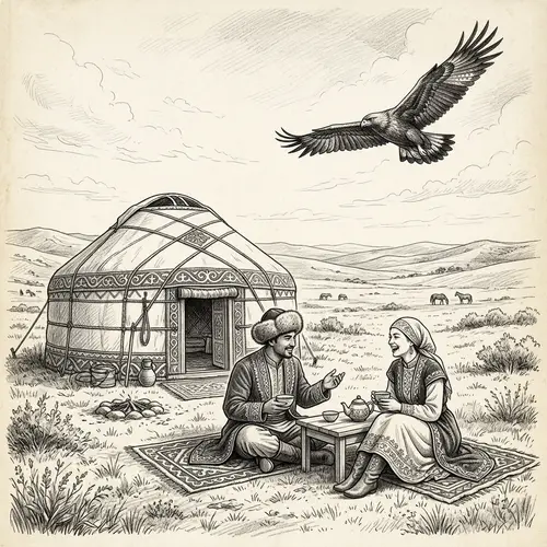 Monochrome Drawing of Tranquil Scene on Kazakh Steppe