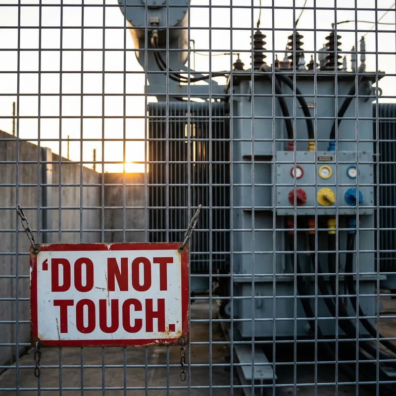 Danger! Do Not Touch Sign on Locked Transformer