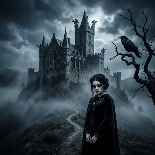 Gothic Medieval Castle Scene with Mysterious Woman