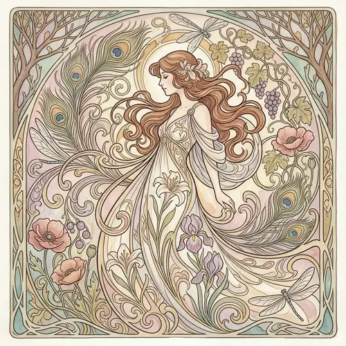 Art Nouveau Inspired Illustration with Swirling Floral Designs