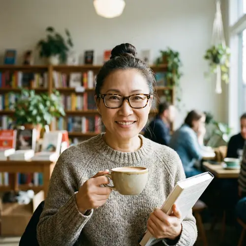 East Asian Woman with Neat Bun Updo and Rectangular Eyeglasses