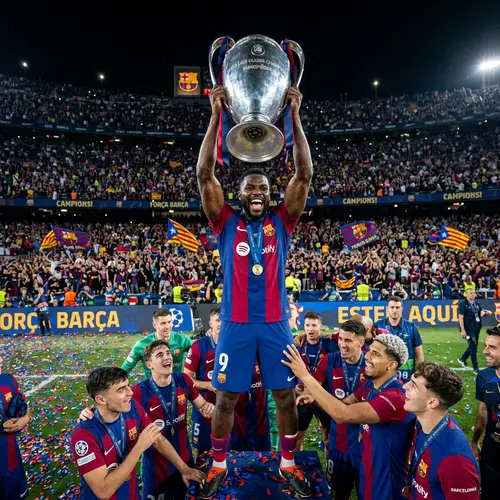 Barcelona Football Player Lifts Champions League Trophy