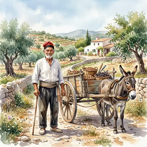 Traditional Ibizan Farmer Poses with Wooden Cart in Serene Environment