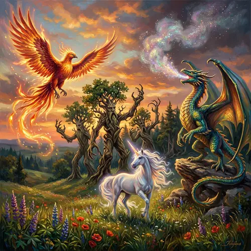 Fantasy Creatures Grand Display on Grassy Meadow