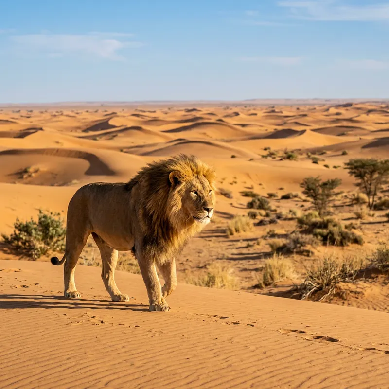 Powerful Lion in Desert | King of the Sandy Realm Powerful Lion in Desert | King of the Sandy Realm