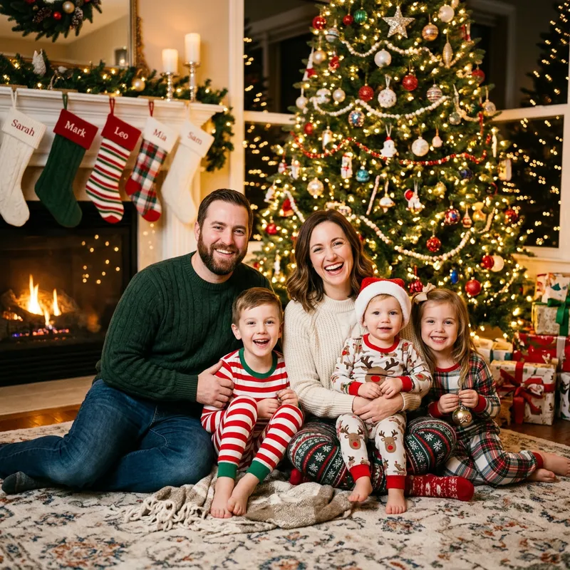 Cozy Family Christmas Photo by the Tree Cozy Family Christmas Photo by the Tree