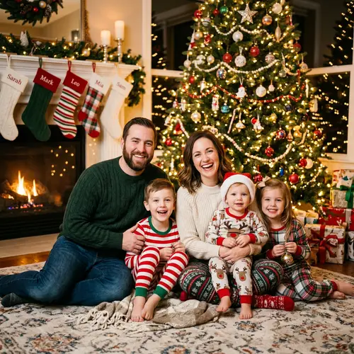 Cozy Family Christmas Photo by the Tree