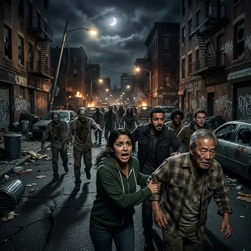 Horror Scene: Group Fleeing Undead in City Chaos
