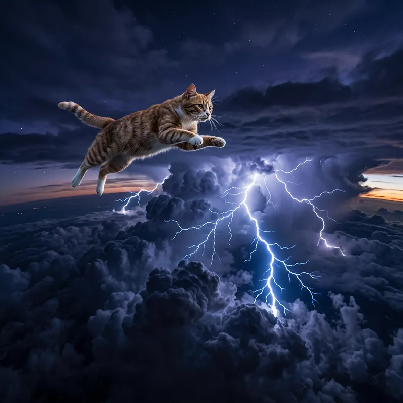 Cat Soaring Above Clouds with Lightning Strikes
