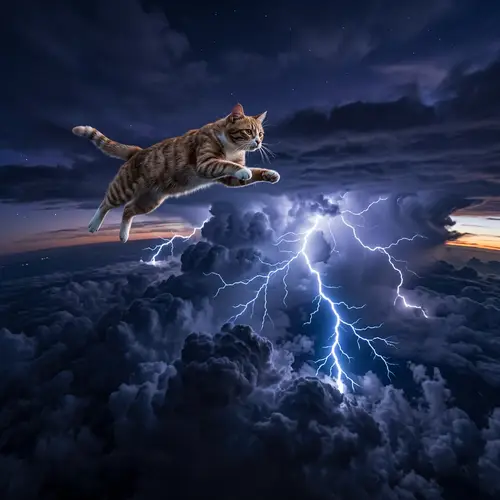 Cat Soaring Above Clouds with Lightning Strikes