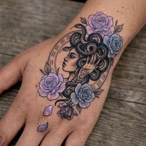 Elegant Aquarius Tattoo Art with Roses & Snakes