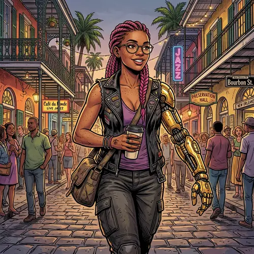 Comic Art of a Cyborg Woman in New Orleans