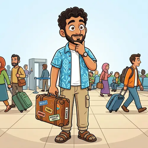Curious Middle-Eastern Male Cartoon Character with Suitcase