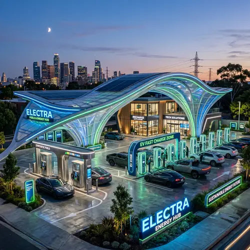 Futuristic Petrol Station with Advanced Fuel Pumps & EV Charging
