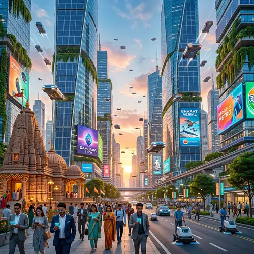 Futuristic Landscape of India 2050: Skyscrapers, Solar Panels, Flying Cars