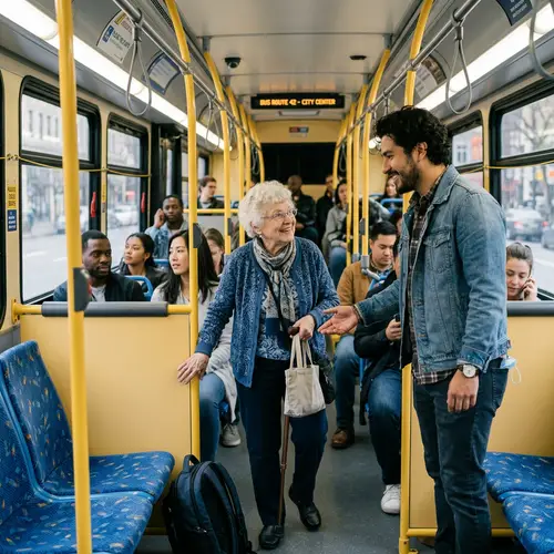Chivalrous Hispanic Man Offering Seat to Elderly Caucasian Woman in Well-Lit Bus