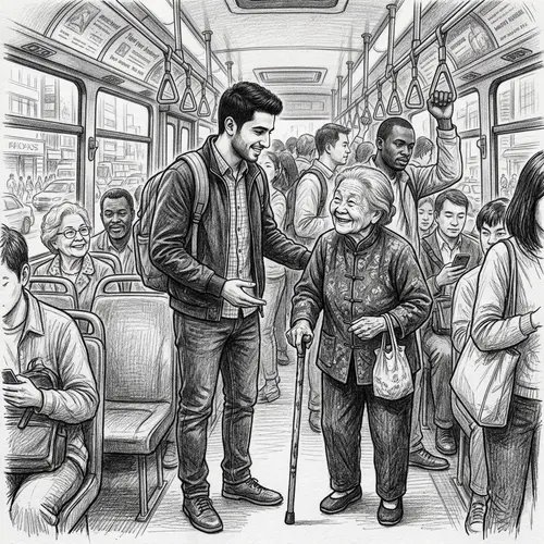 Heartwarming Bus Scene of Kindness: Young Man Offering Seat to Elderly Woman