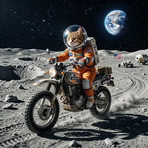 Cat Riding Motorcycle on Moon
