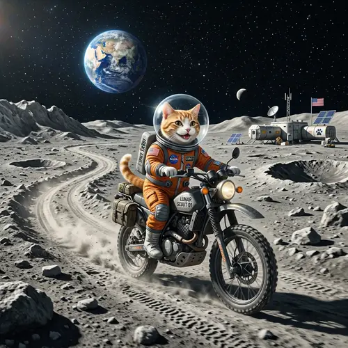 Cat Riding Motorcycle on Moon - Simple Pleasures of Life