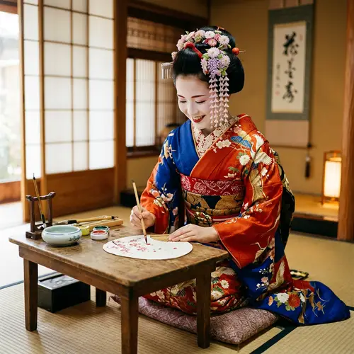 Vibrant Portrait of a Traditional Geisha in Kimono