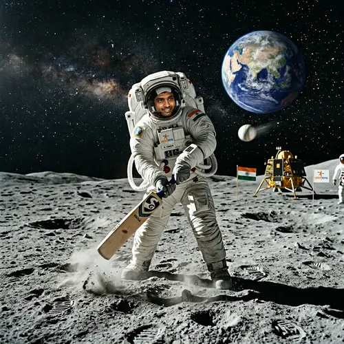Moon Cricket: South Asian Astronaut Playing Cricket in Zero Gravity